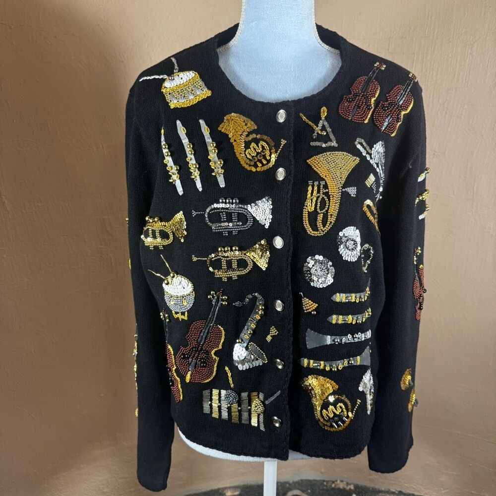 Michael Simon New York Black Knit Cardigan | Orchestra Instrument Beaded & Sequi